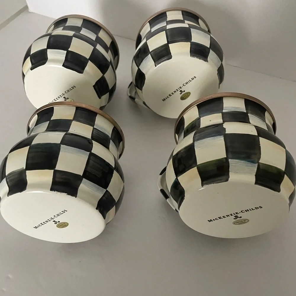 Mackenzie-Childs Courtly Check Coffee Mugs or Teacups Black & White Set of 4 - Picture 3 of 5
